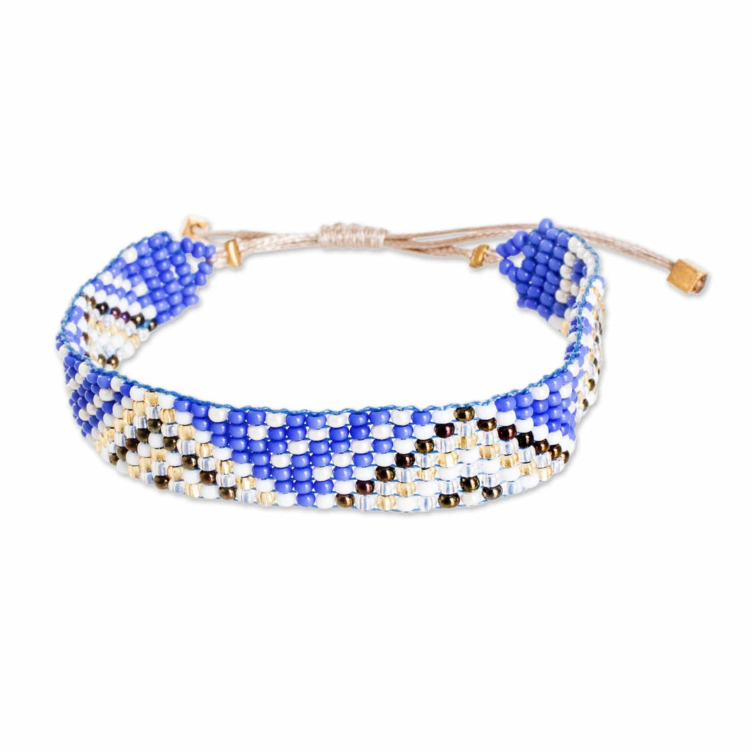 Geometric Blue and Golden Glass Beaded Wristband Bracelet - Bright Atitlan