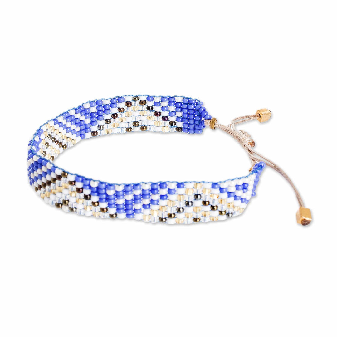 Geometric Blue and Golden Glass Beaded Wristband Bracelet - Bright Atitlan