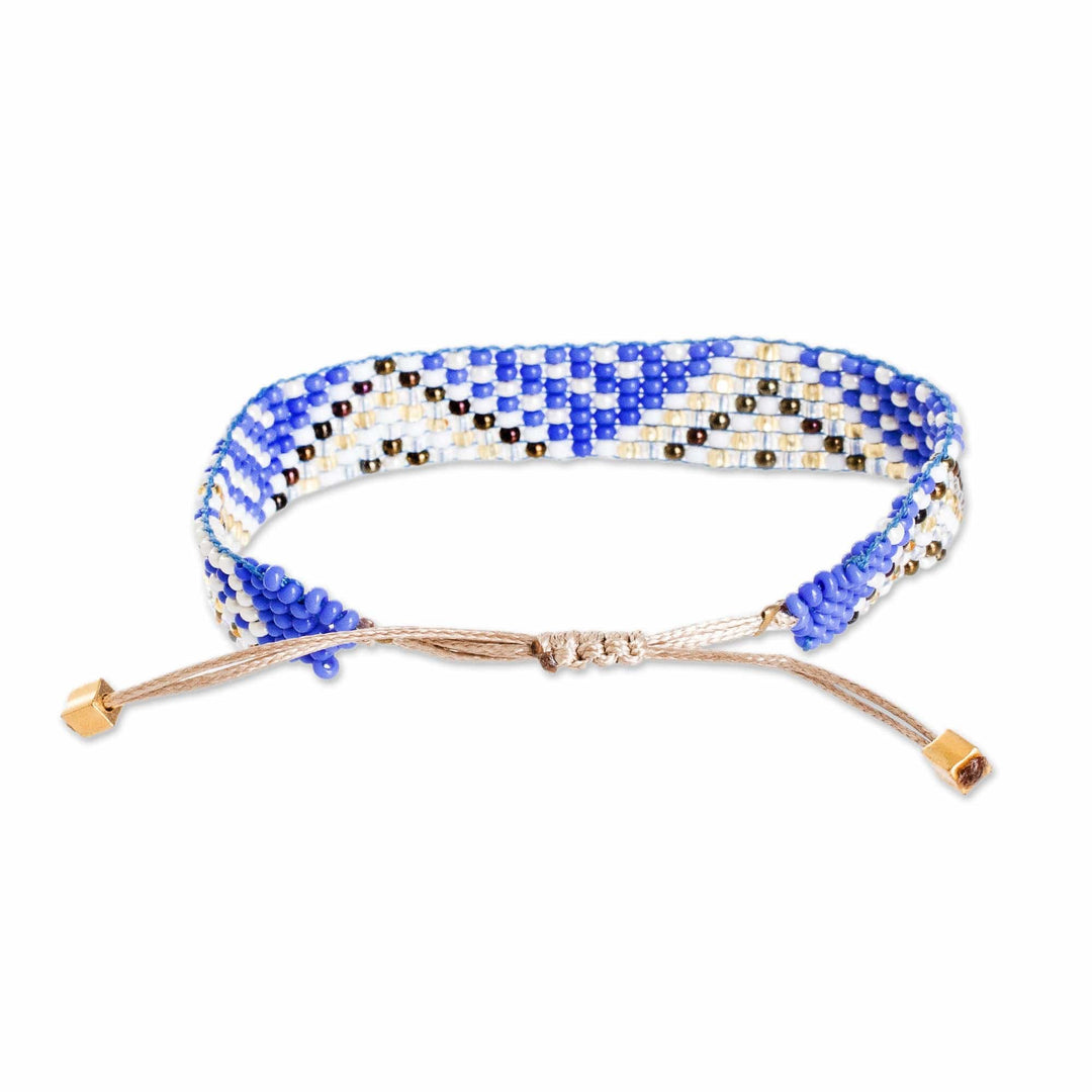 Geometric Blue and Golden Glass Beaded Wristband Bracelet - Bright Atitlan
