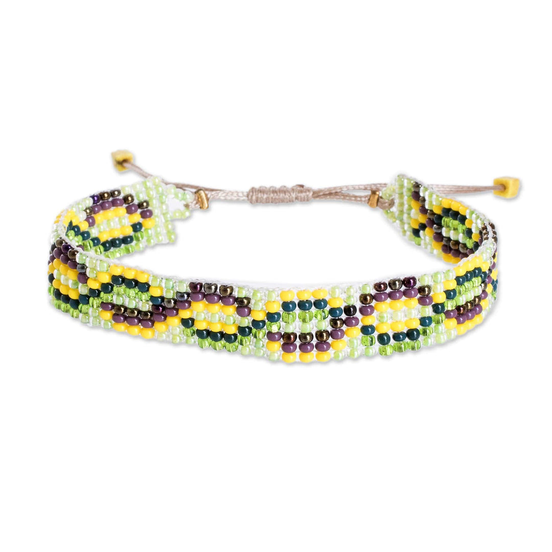 Handmade Yellow and Green Glass Beaded Wristband Bracelet - Exotic Atitlan