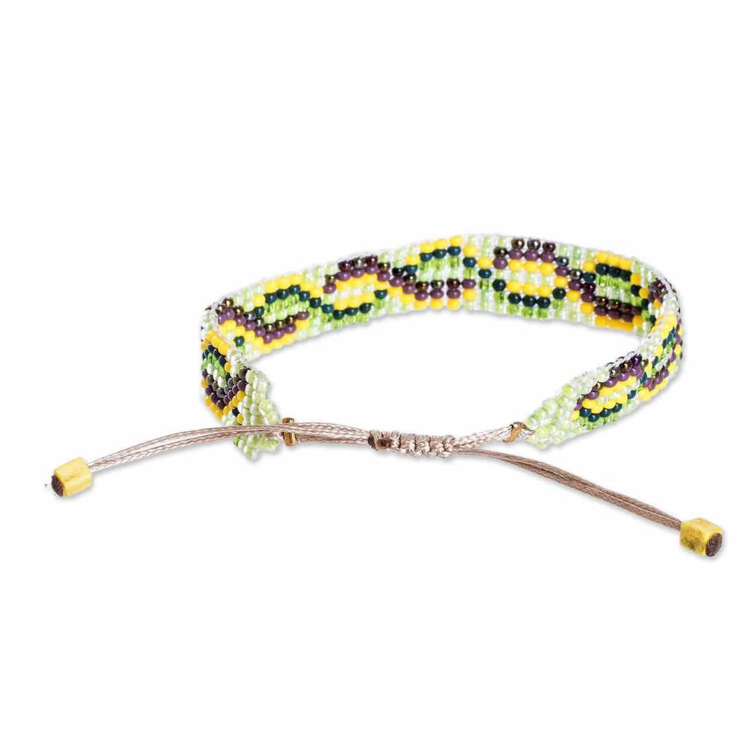 Handmade Yellow and Green Glass Beaded Wristband Bracelet - Exotic Atitlan