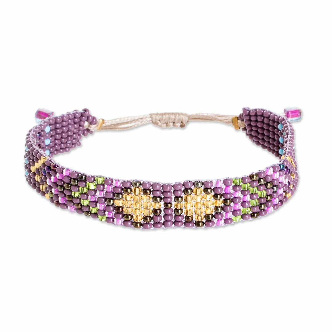 Geometric Purple and Golden Glass Beaded Wristband Bracelet - Majestic Atitlan