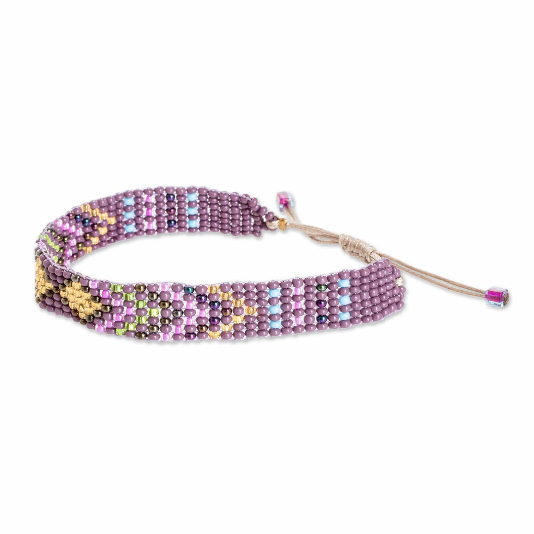 Geometric Purple and Golden Glass Beaded Wristband Bracelet - Majestic Atitlan