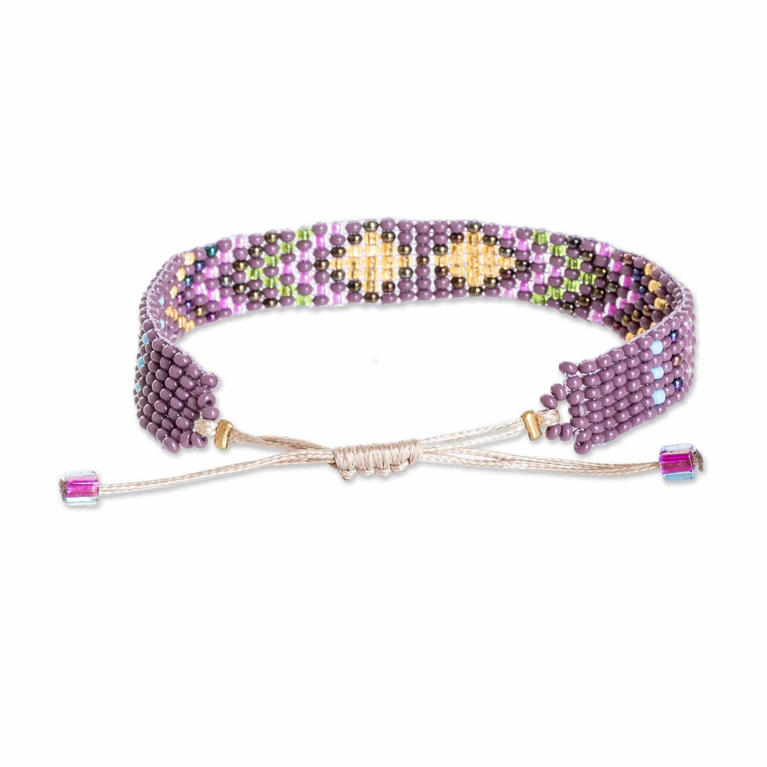 Geometric Purple and Golden Glass Beaded Wristband Bracelet - Majestic Atitlan