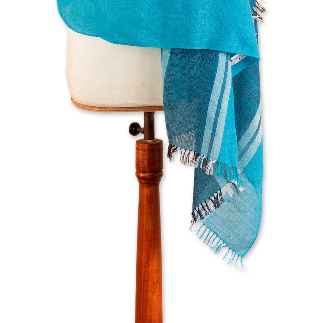 Loomed Striped Cerulean and Midnight 100% Alpaca Shawl - Cerulean Lagoon