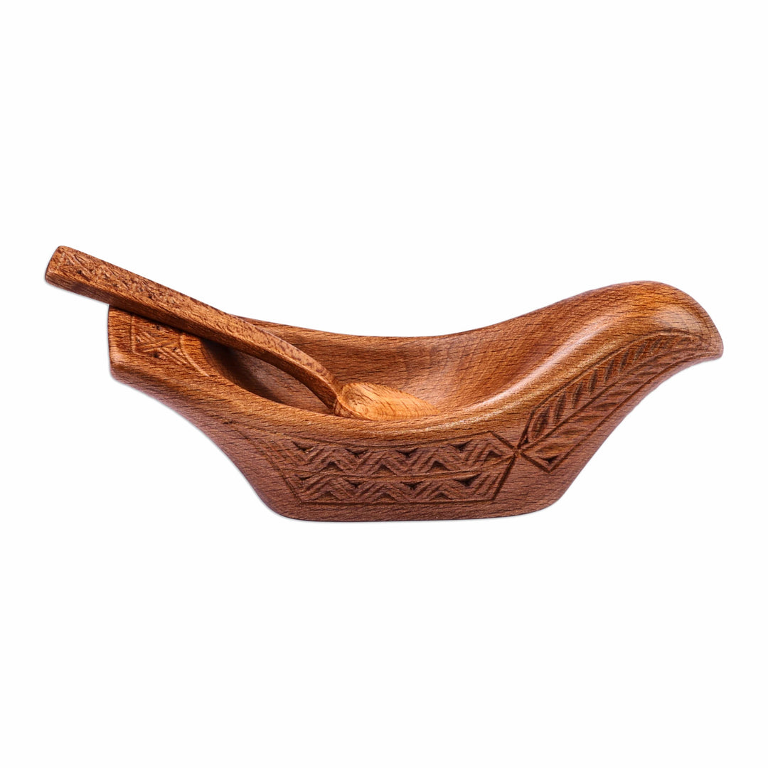 Wood Bird Condiment Dish with Spoon Hand-Carved in Armenia - Birdie Delight