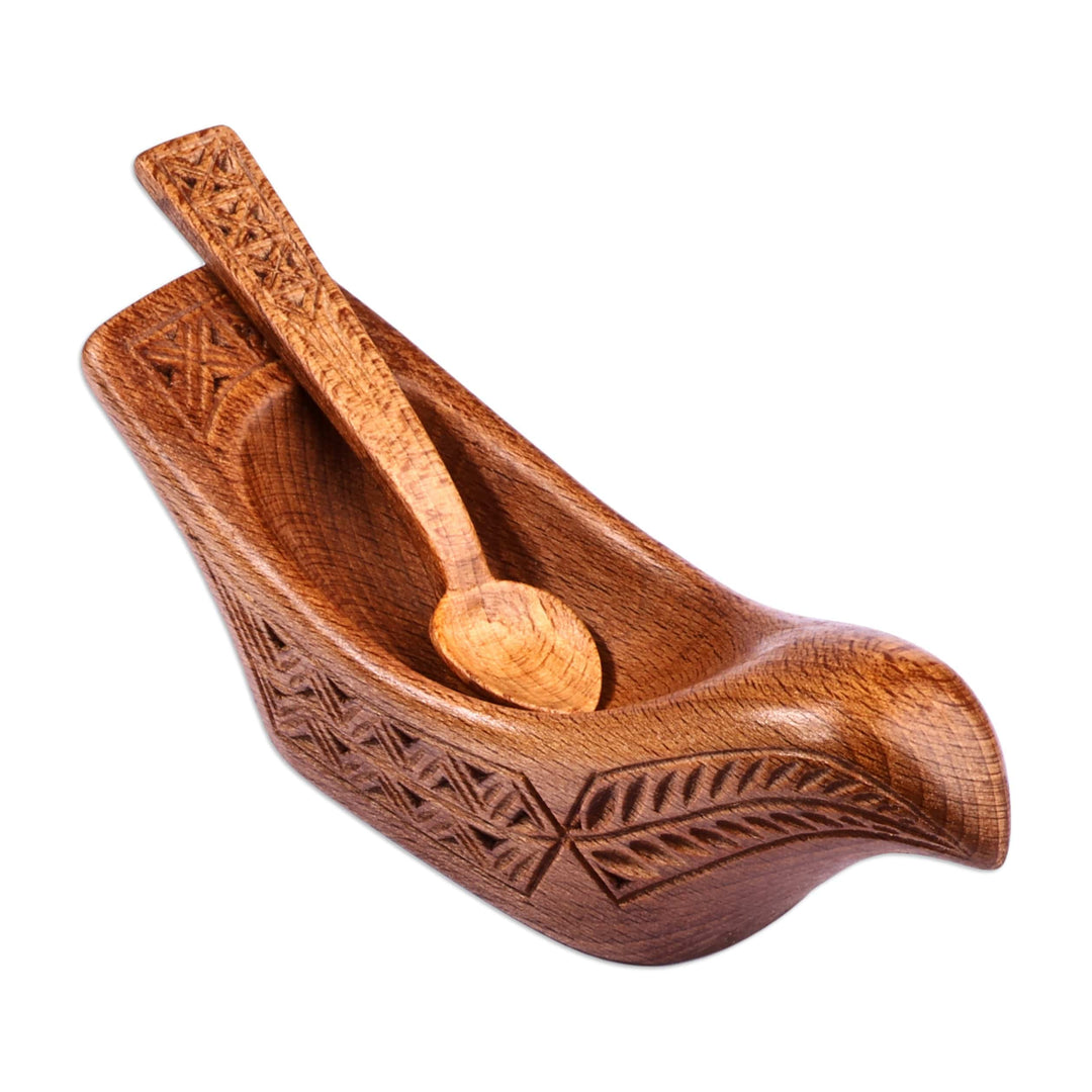 Wood Bird Condiment Dish with Spoon Hand-Carved in Armenia - Birdie Delight