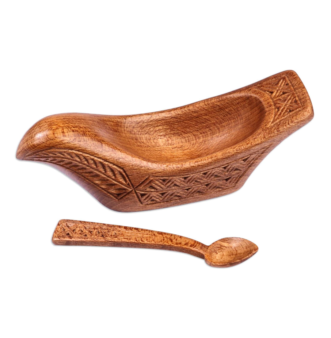 Wood Bird Condiment Dish with Spoon Hand-Carved in Armenia - Birdie Delight