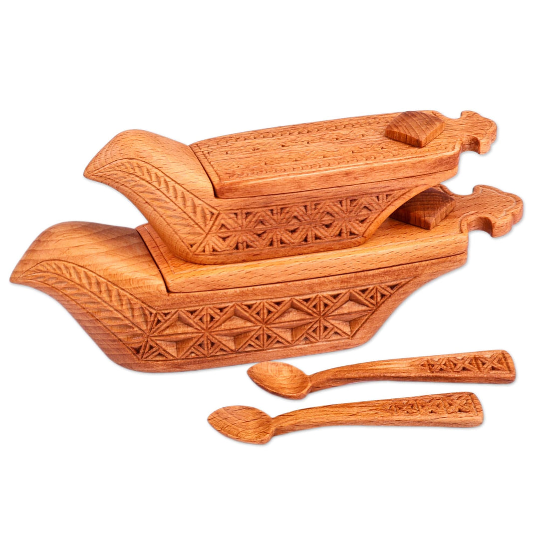 Set of 2 Hand-Carved Bird-Shaped Beechwood Condiment Bowls - Sylvan Delight