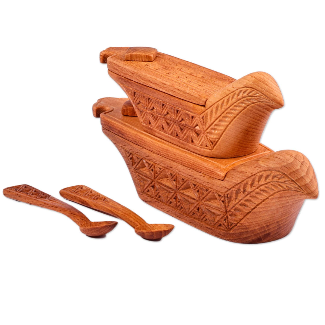 Set of 2 Hand-Carved Bird-Shaped Beechwood Condiment Bowls - Sylvan Delight