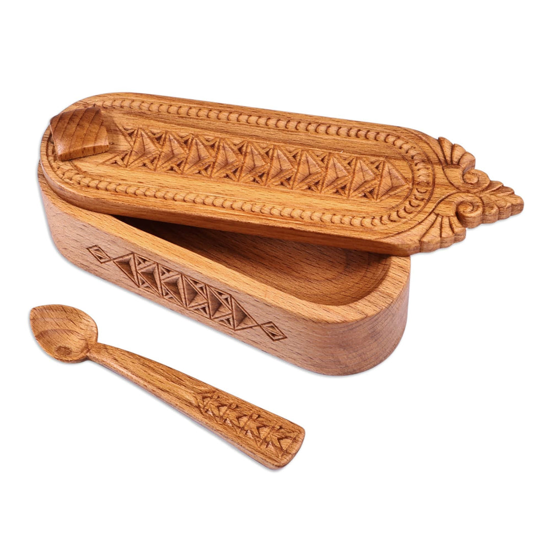 Traditional Hand-Carved Beechwood Salt Keeper and Spoon - Armenian Flavors