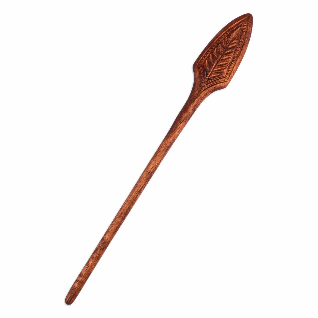 Hand-Carved Leafy Light Brown Walnut Wood Hair Pin - Sylvan Deity