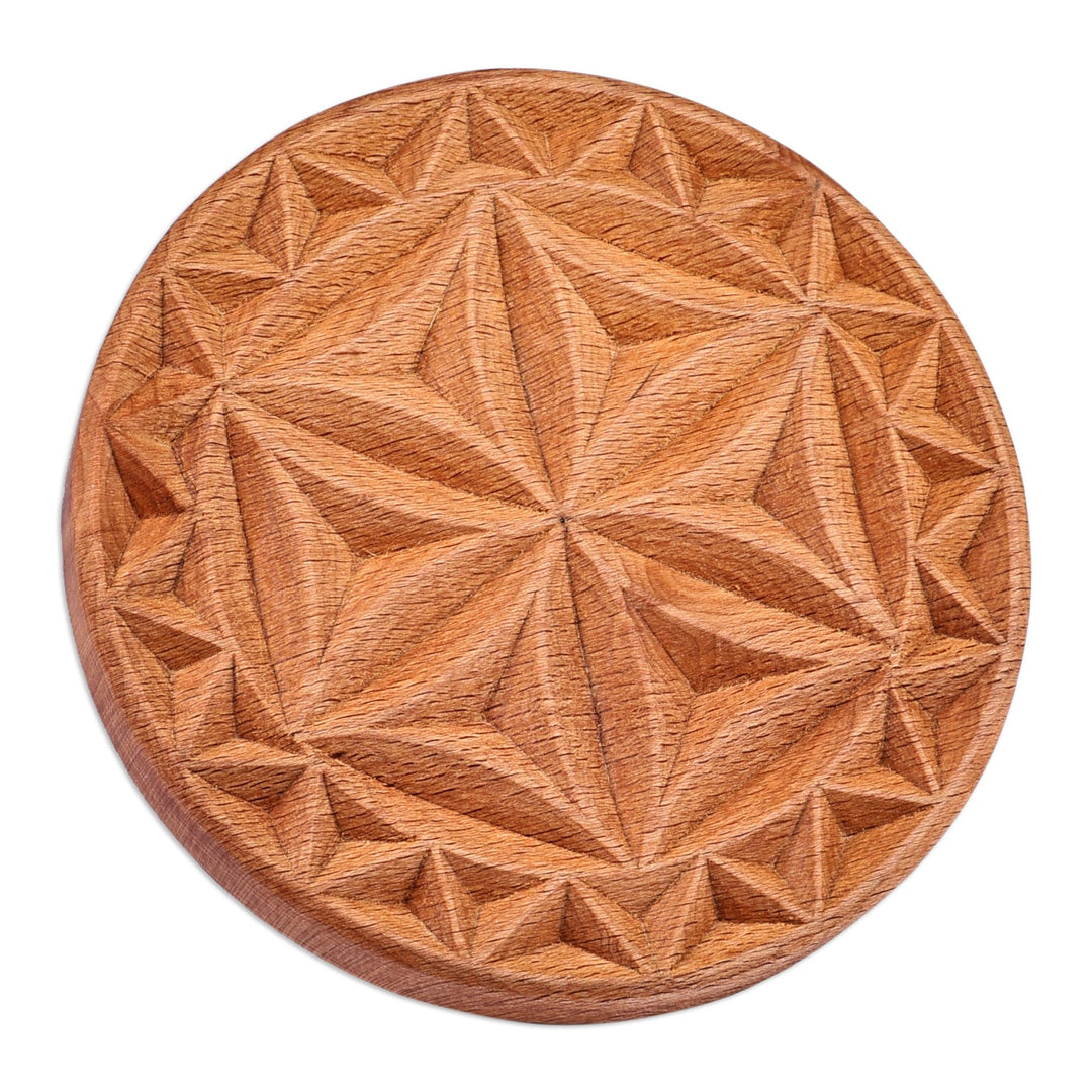 Hand-Carved Round Geometric Beechwood Cookie Press - Sweetly Geometric