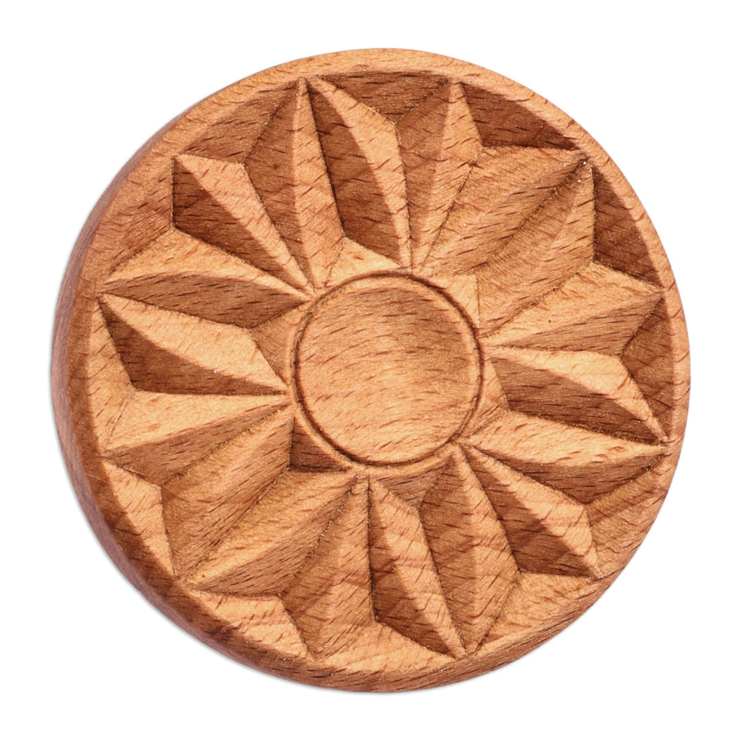 Hand-Carved Round Sunflower-Patterned Beechwood Cookie Press - Sweetly Sunny