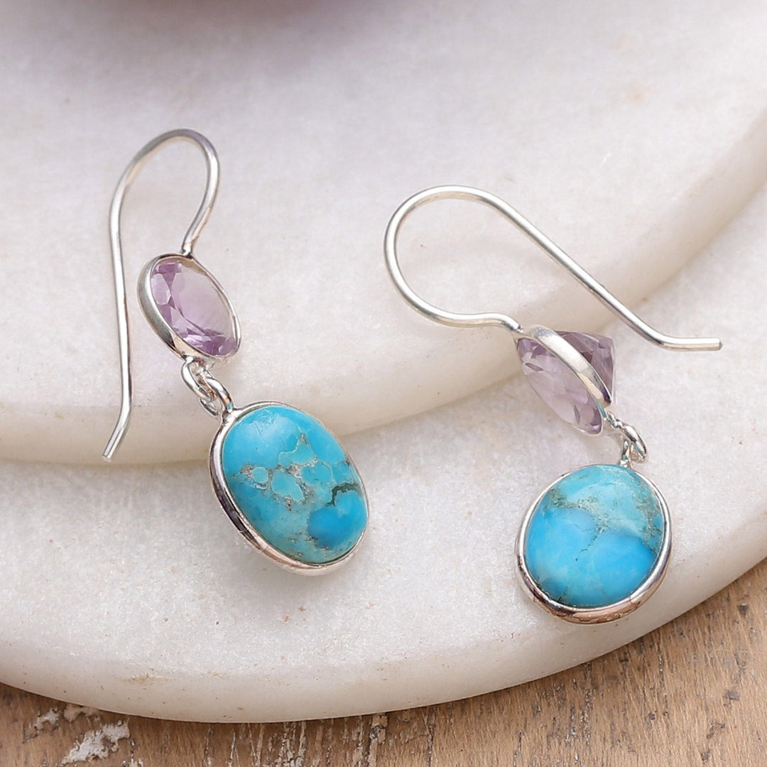 Two-Carat Amethyst and Recon Turquoise Dangle Earrings - Harmonious & Wise