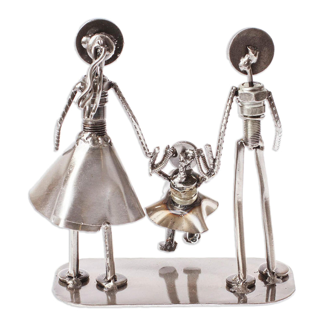 Handcrafted Recycled Auto Part Statuette of Family of Three - Family of Three