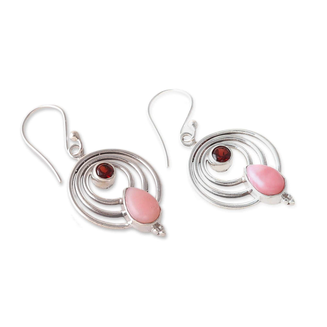 Polished Round Garnet and Opal Dangle Earrings from India - Orbiting Romance
