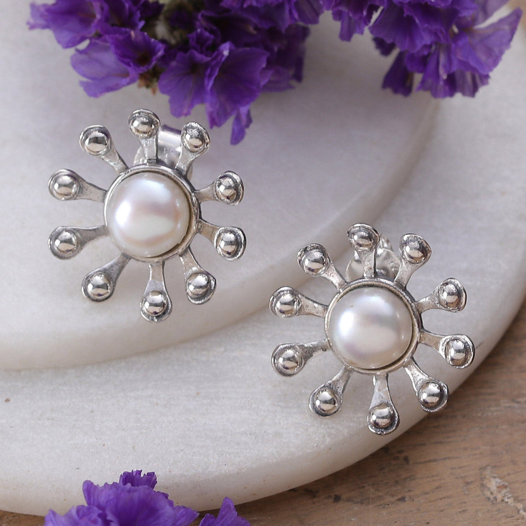 Star-Shaped Cream Cultured Pearl Button Earrings from India - Ocean Celebrity