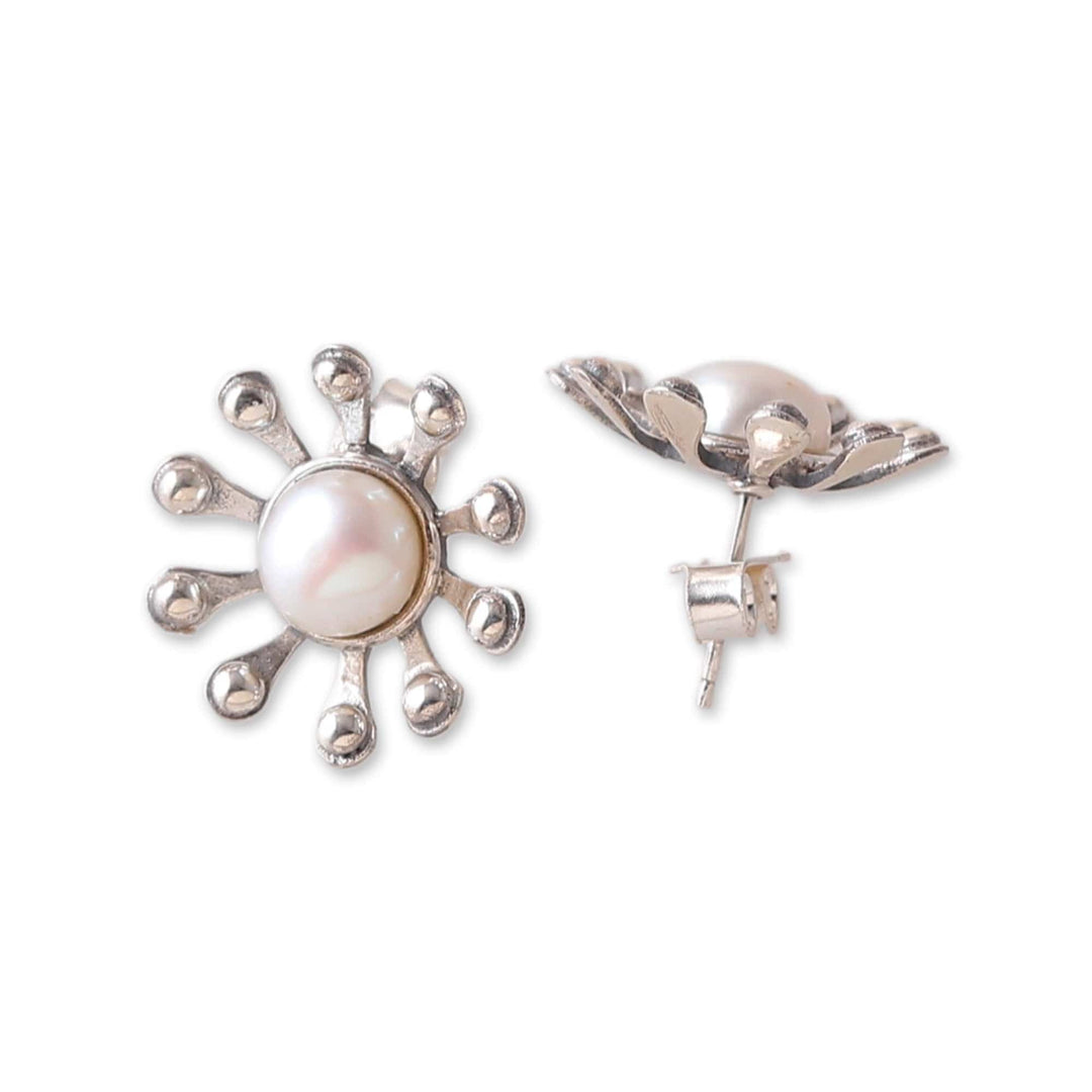 Star-Shaped Cream Cultured Pearl Button Earrings from India - Ocean Celebrity