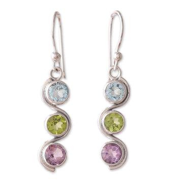 Polished Three-Carat Faceted Multi-Gemstone Dangle Earrings - Serene Goddess