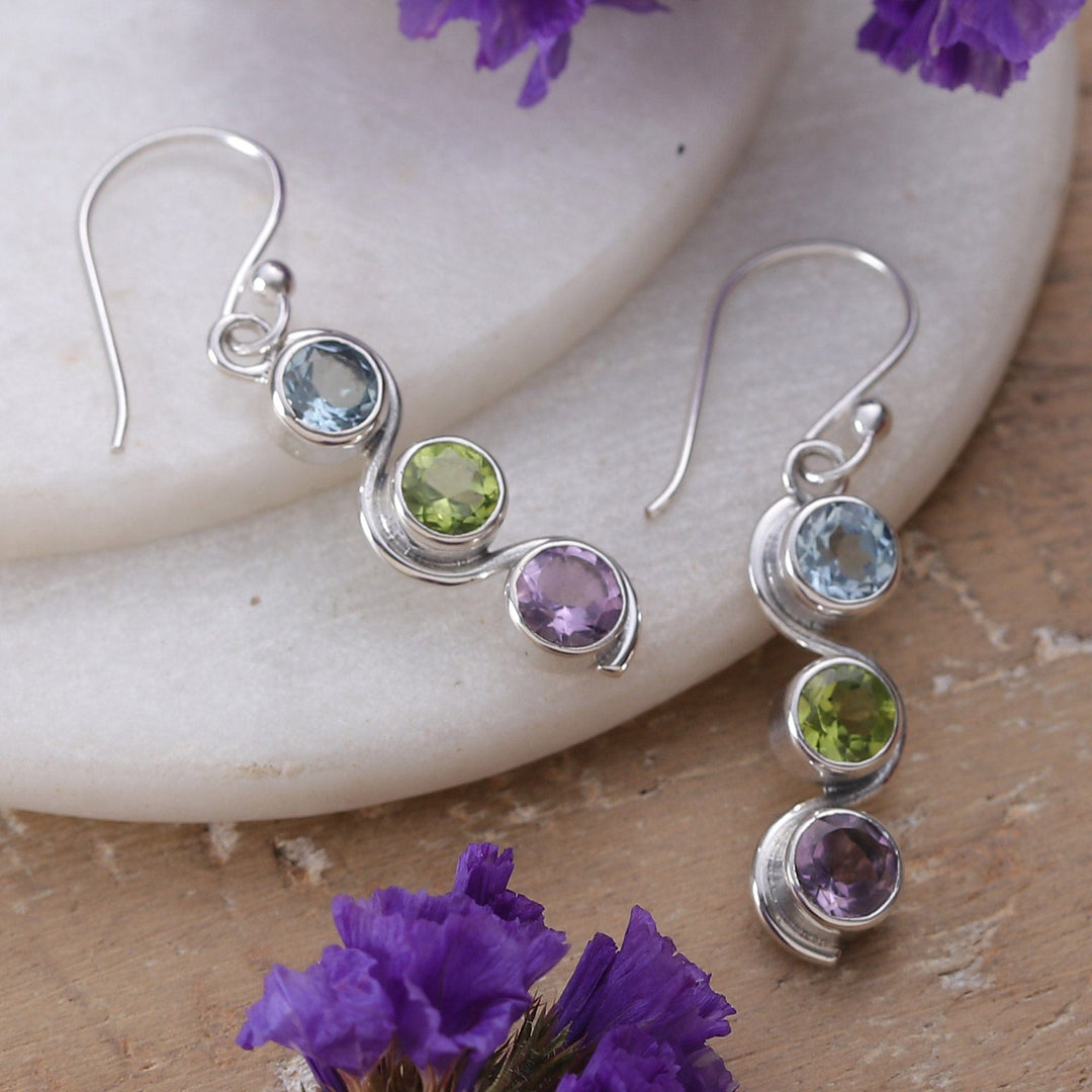 Polished Three-Carat Faceted Multi-Gemstone Dangle Earrings - Serene Goddess