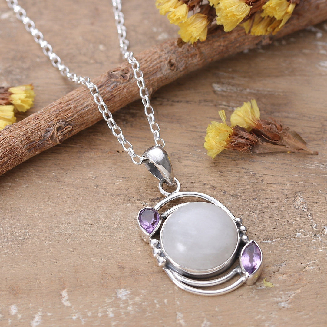 Sterling Silver Rainbow Moonstone Amethyst Pendant Necklace - Luminous Charm
