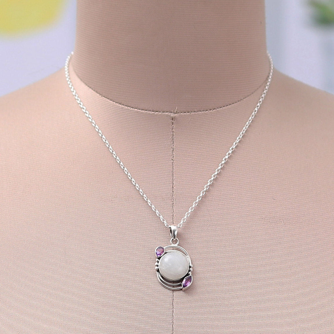 Sterling Silver Rainbow Moonstone Amethyst Pendant Necklace - Luminous Charm