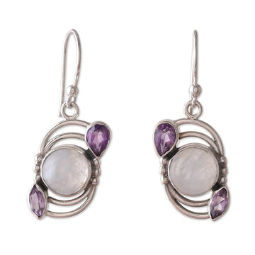 Sterling Silver Rainbow Moonstone & Amethyst Dangle Earrings - Luminous Charm
