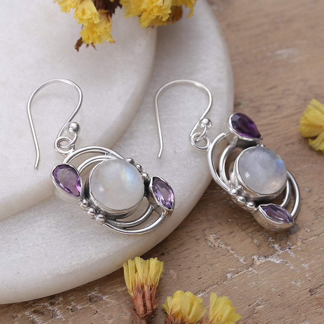 Sterling Silver Rainbow Moonstone & Amethyst Dangle Earrings - Luminous Charm