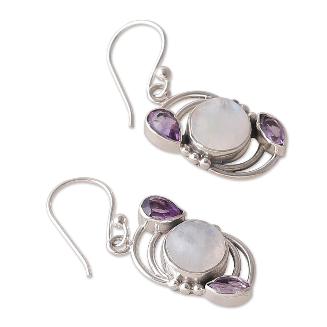 Sterling Silver Rainbow Moonstone & Amethyst Dangle Earrings - Luminous Charm