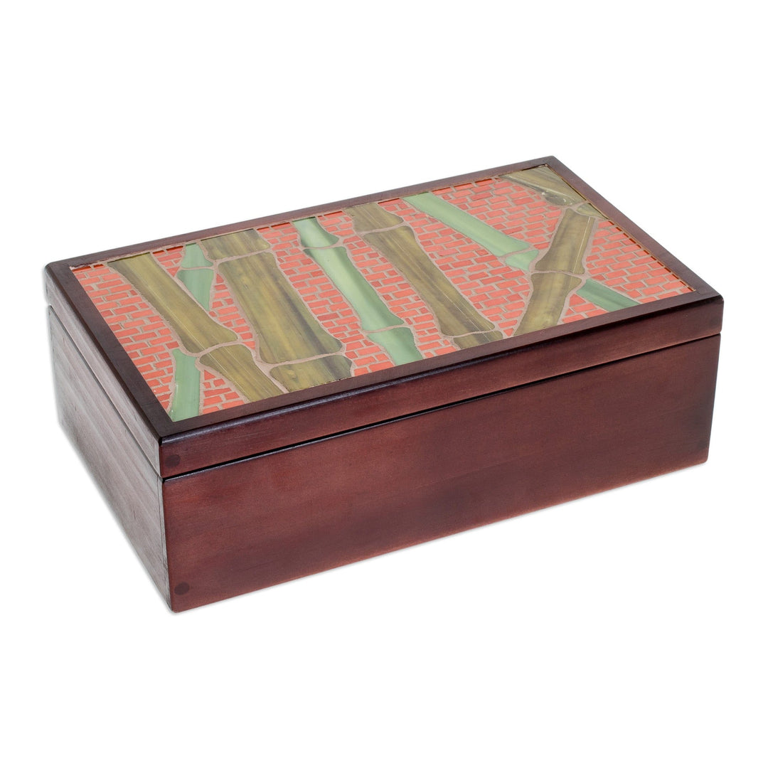 Handcrafted Sugar Cane-Themed Pinewood Tea Box in Brown - Sugar Cane Visions