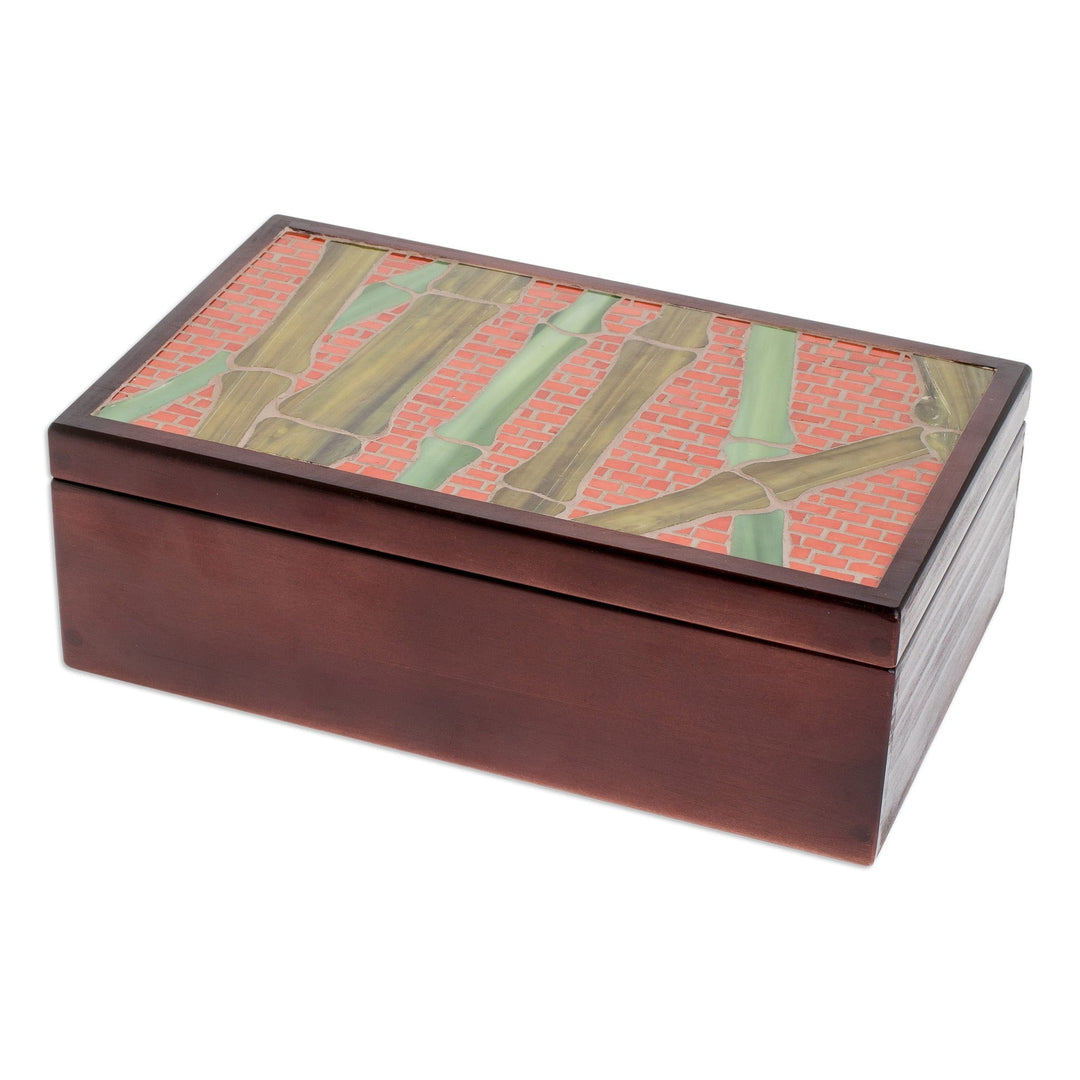 Handcrafted Sugar Cane-Themed Pinewood Tea Box in Brown - Sugar Cane Visions