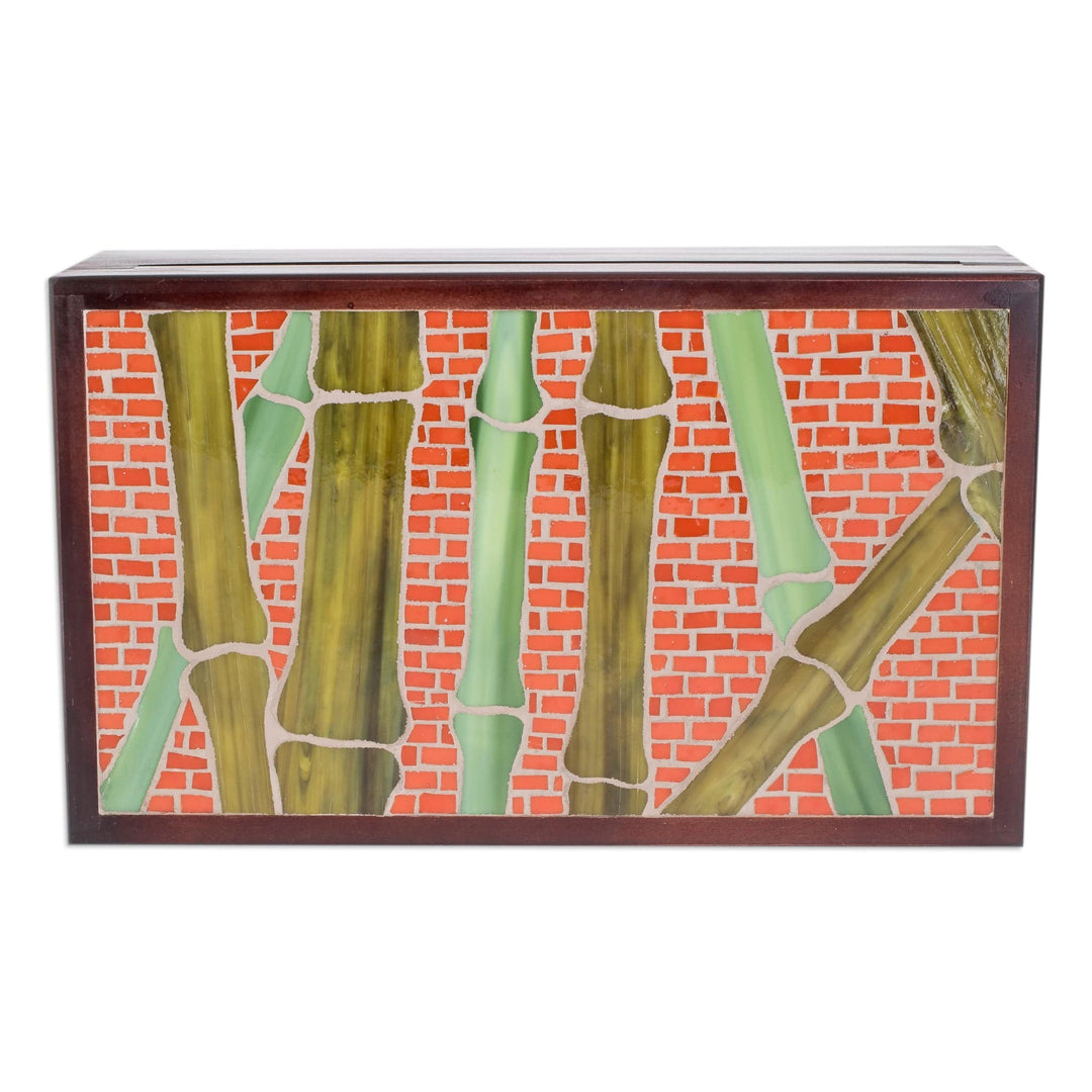 Handcrafted Sugar Cane-Themed Pinewood Tea Box in Brown - Sugar Cane Visions