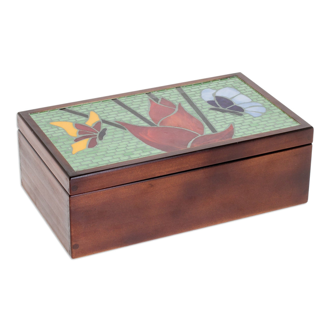 Handcrafted Butterfly-Themed Pinewood Tea Box in Brown - Fluttering Visions