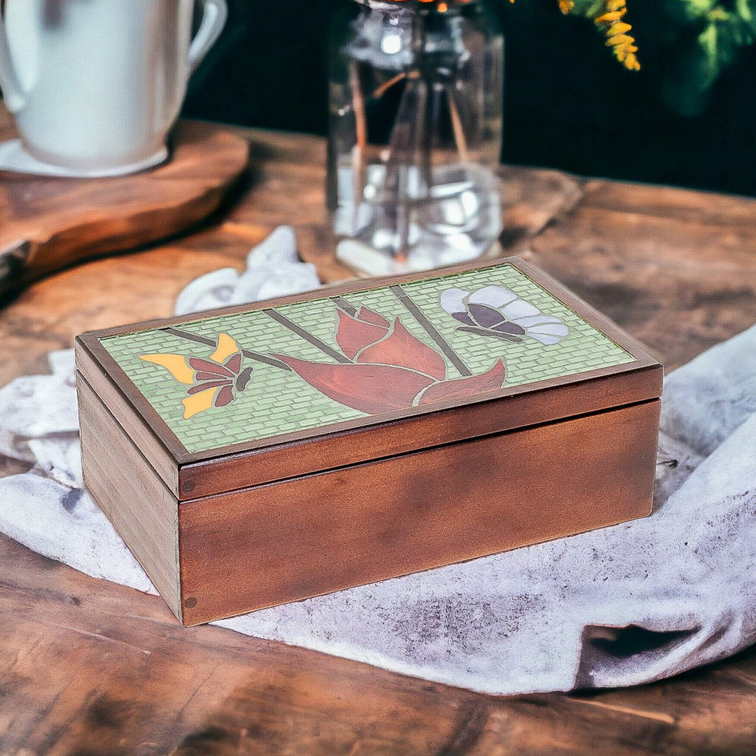 Handcrafted Butterfly-Themed Pinewood Tea Box in Brown - Fluttering Visions