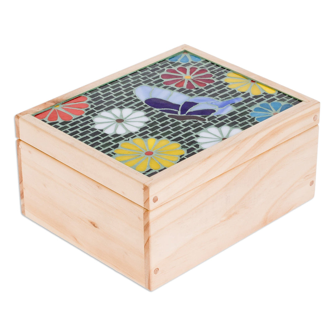 Handcrafted Floral Mosaic Pinewood Tea Box in White - Delightful Spring