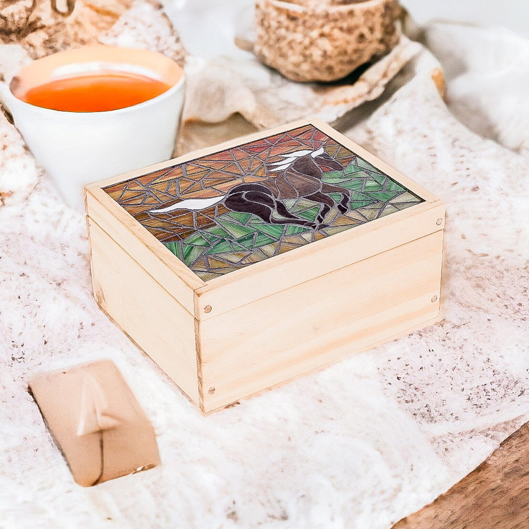 Handcrafted Horse Mosaic Pinewood Tea Box in White - Delightful Liberty