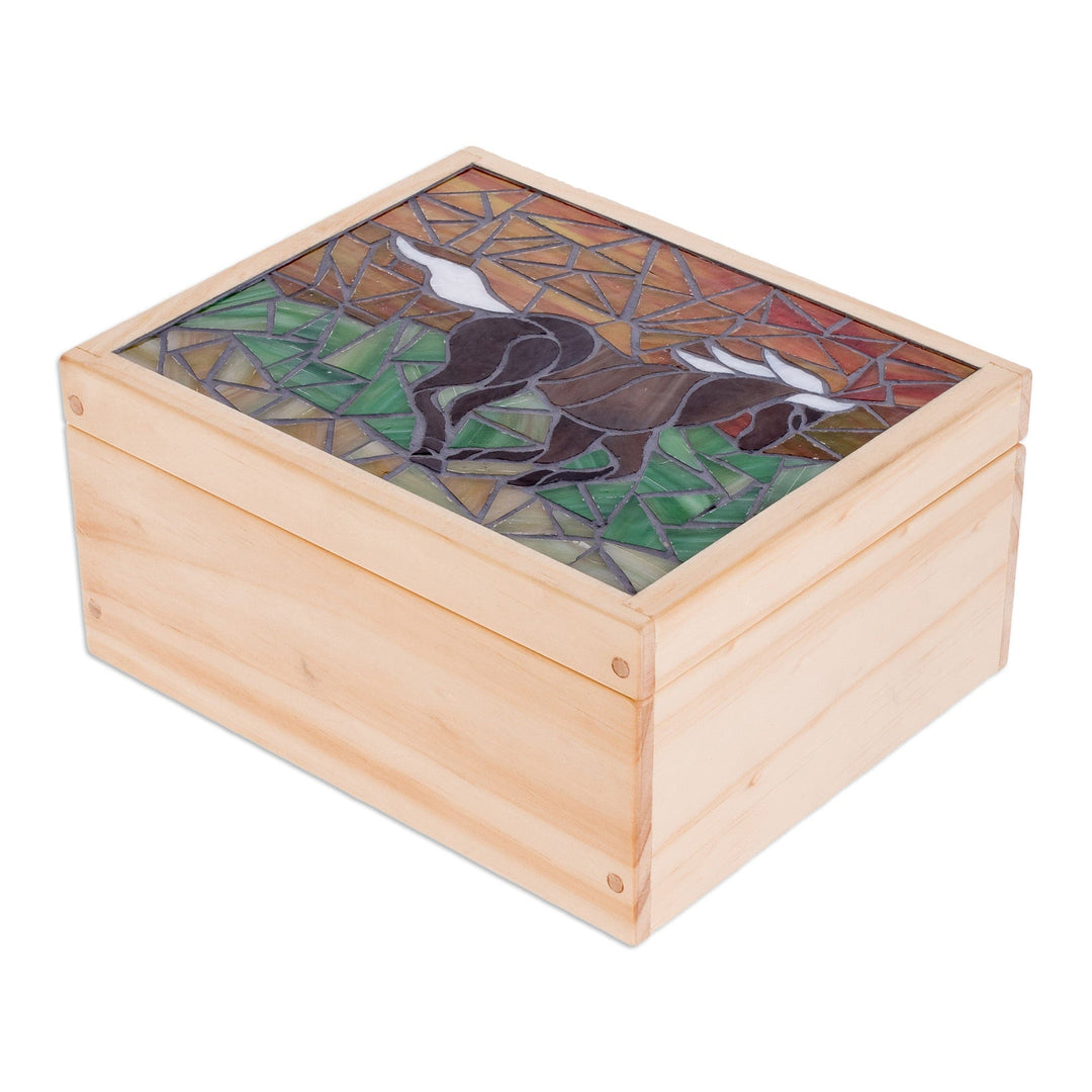 Handcrafted Horse Mosaic Pinewood Tea Box in White - Delightful Liberty
