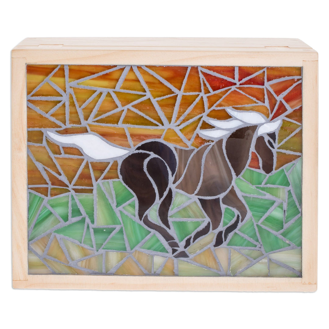 Handcrafted Horse Mosaic Pinewood Tea Box in White - Delightful Liberty