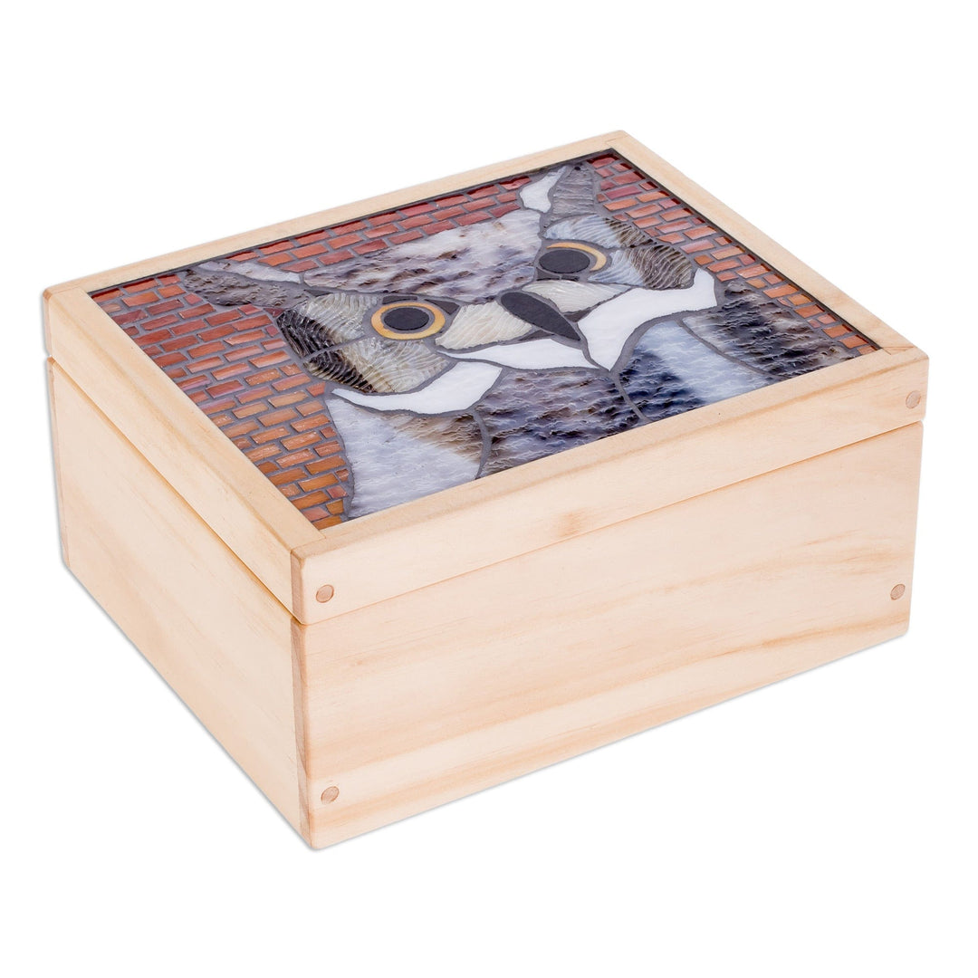 Handcrafted Owl Mosaic Pinewood Tea Box in White - Delightful Wisdom