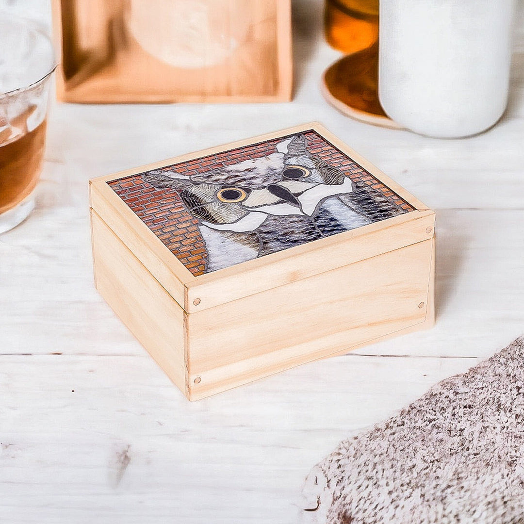 Handcrafted Owl Mosaic Pinewood Tea Box in White - Delightful Wisdom