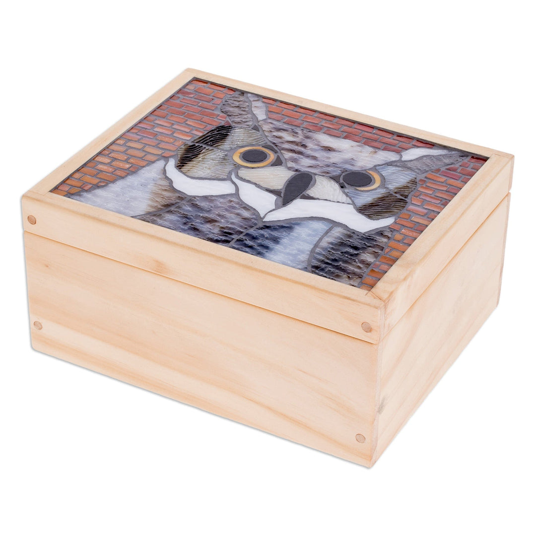 Handcrafted Owl Mosaic Pinewood Tea Box in White - Delightful Wisdom
