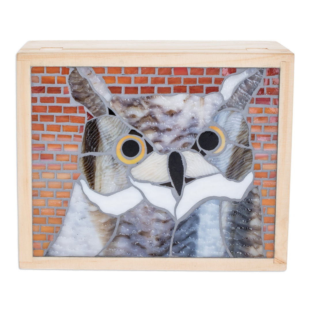 Handcrafted Owl Mosaic Pinewood Tea Box in White - Delightful Wisdom