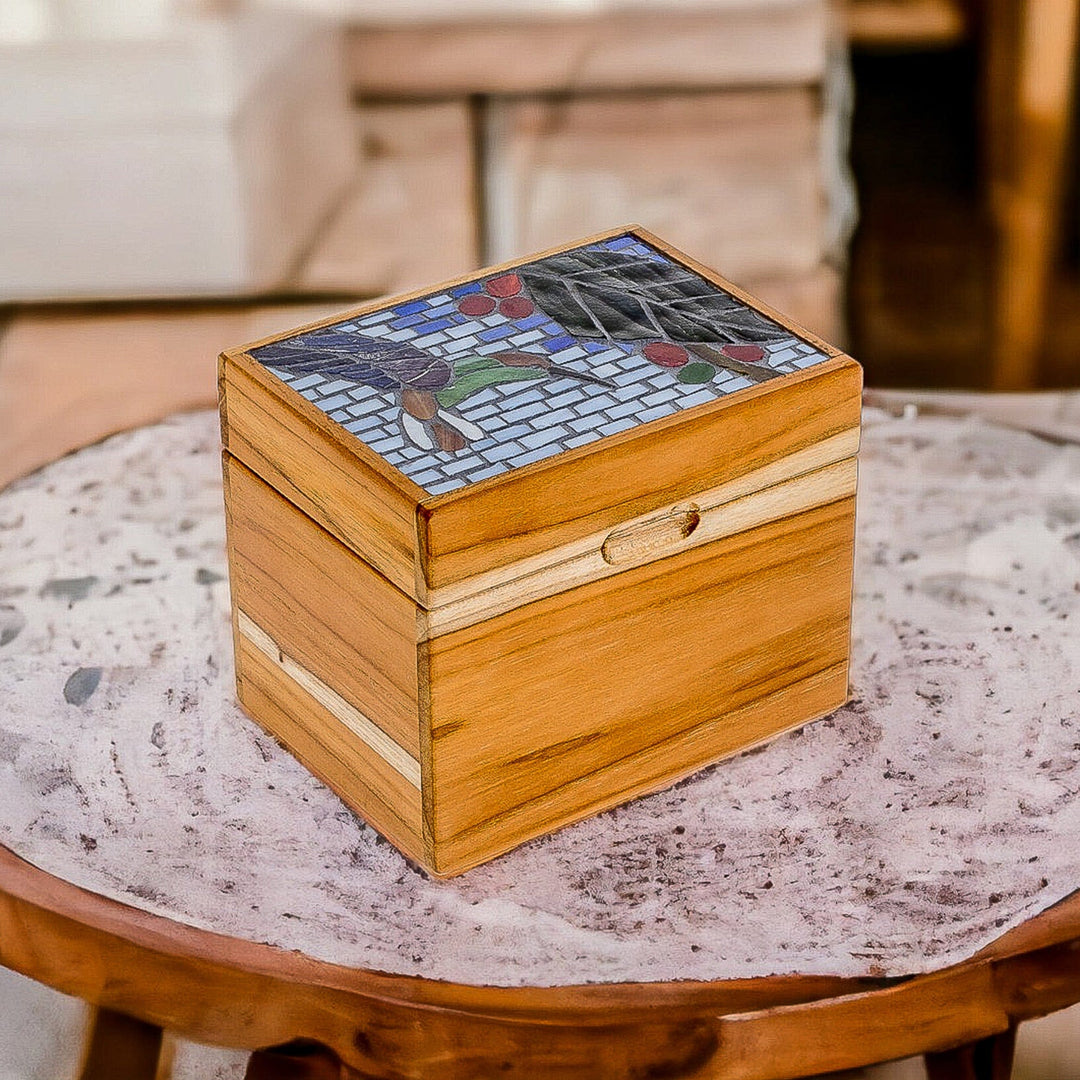 Handcrafted Hummingbird Mosaic Teak Wood Decorative Box - Mosaically Harmonious