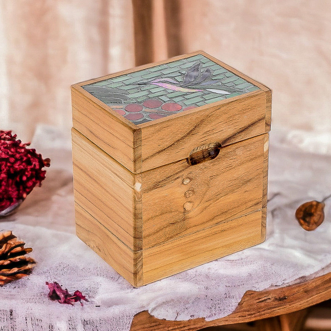 Hummingbird Mosaic Teak Wood and Glass Decorative Box - Mosaically Sweet