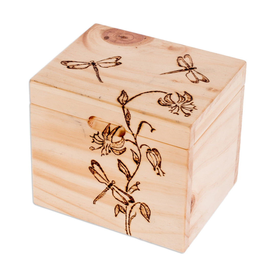 Carved Floral and Dragonfly-Themed Pinewood Decorative Box - Dragonfly Traces