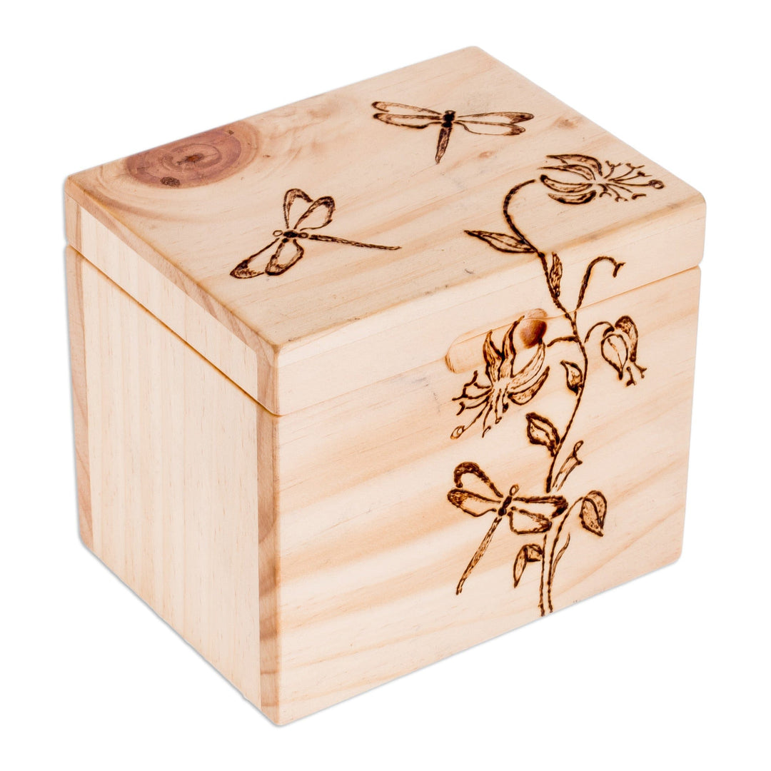Carved Floral and Dragonfly-Themed Pinewood Decorative Box - Dragonfly Traces