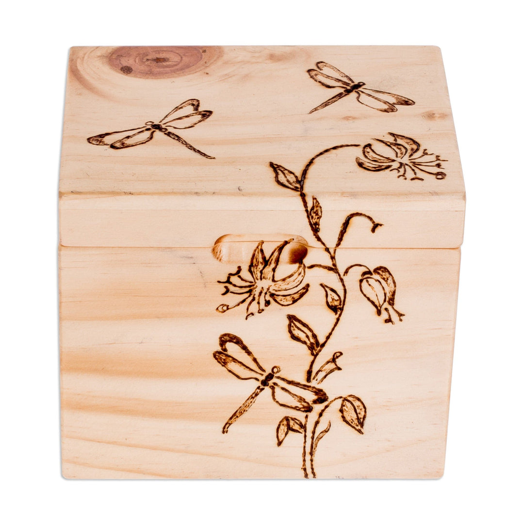 Carved Floral and Dragonfly-Themed Pinewood Decorative Box - Dragonfly Traces
