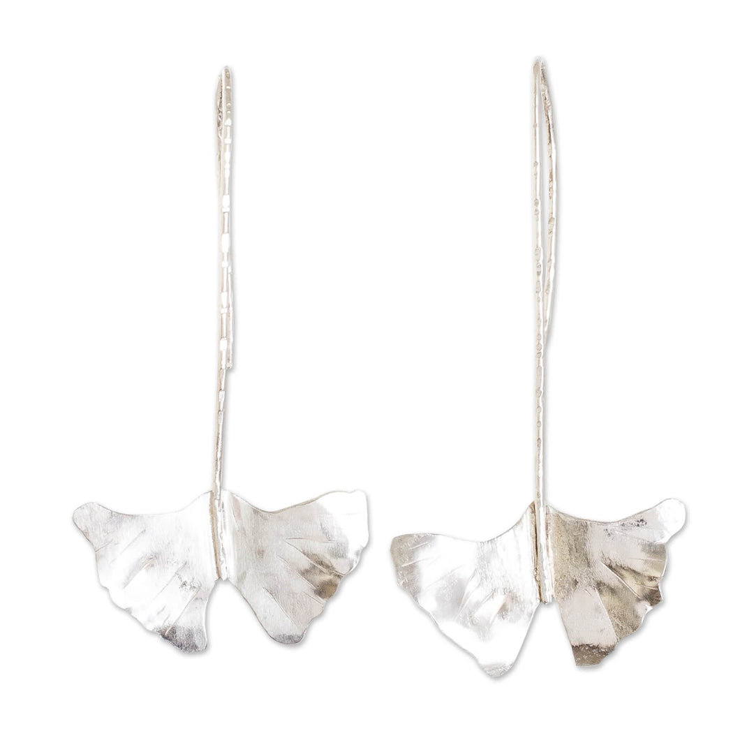 High-Polished Leaf-Shaped Sterling Silver Drop Earrings - Ginkgo Essence