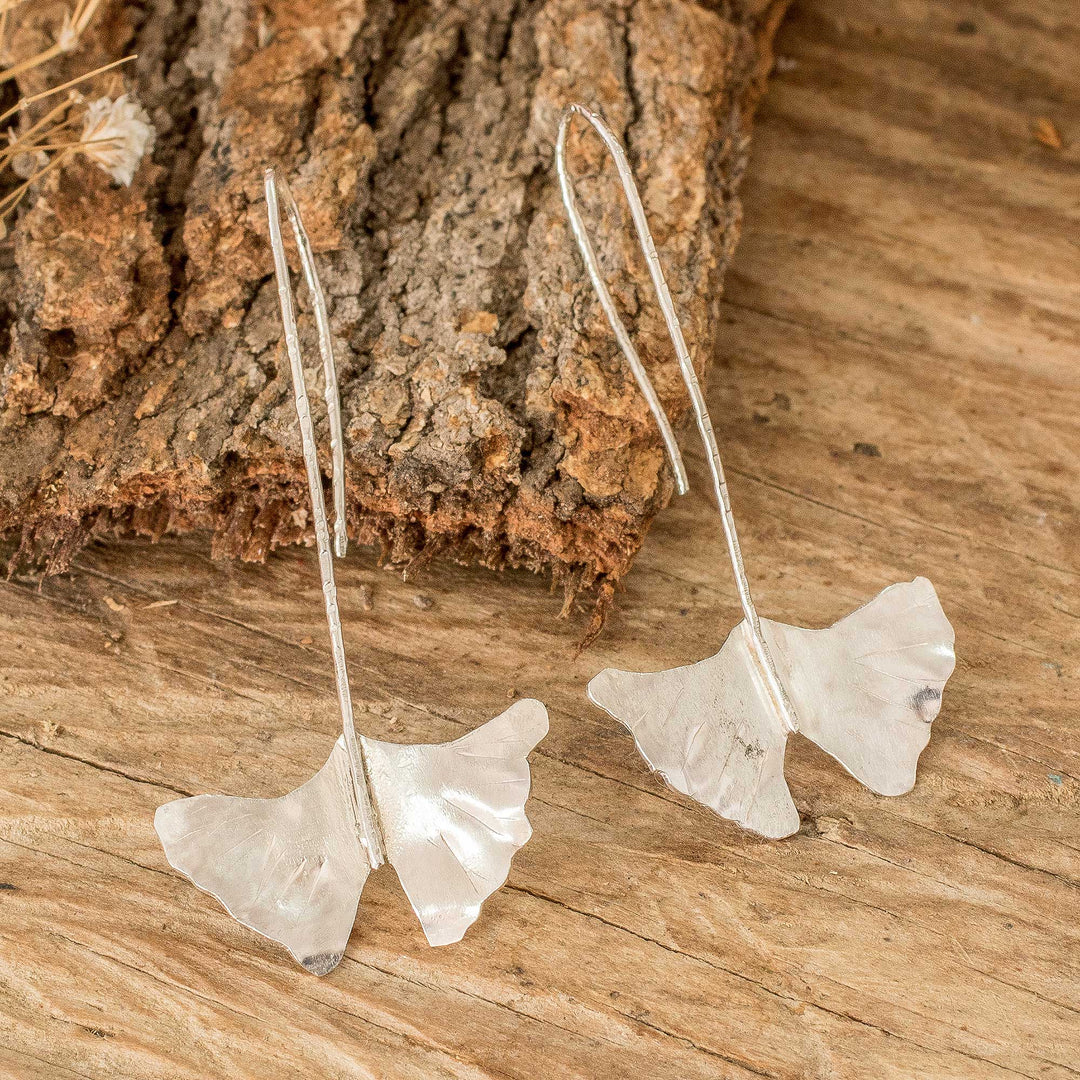 High-Polished Leaf-Shaped Sterling Silver Drop Earrings - Ginkgo Essence